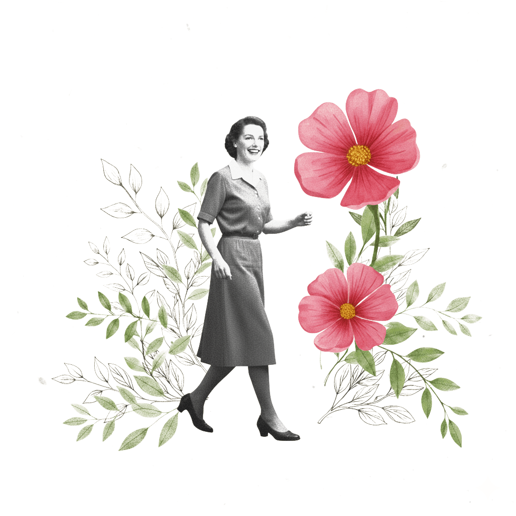 Eine Frau geht und lächelt. 20iger Stil. Blumen um sie herum.