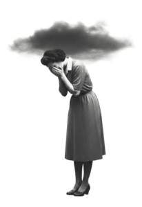 Vorgebeugte Frau mit einer Wolke über dem Kopf. Die Hände vor dem Gesicht